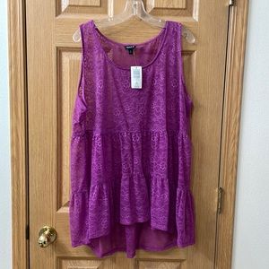 Torrid violet lace babydoll tank with tiered ruffle. NWT